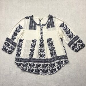 Pale Sky Womens L White Navy Blue Geometric Tile Print Rayon Boho Peasant Blouse